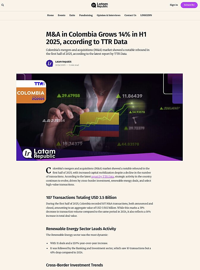 M&A in Colombia Grows 14% in H1 2025, according to TTR Data